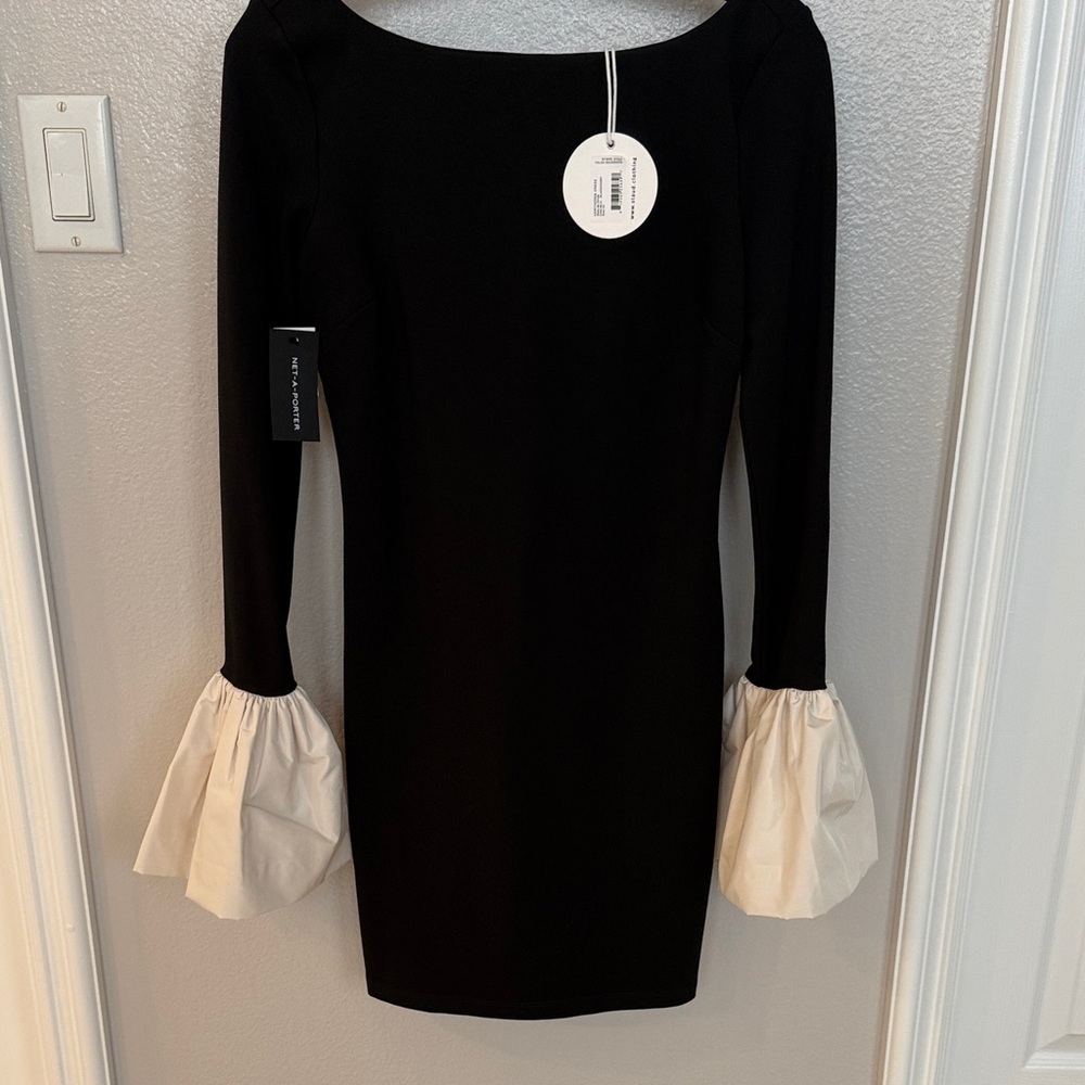 STAUD Black Dress with Cream Ruffle Cuffs